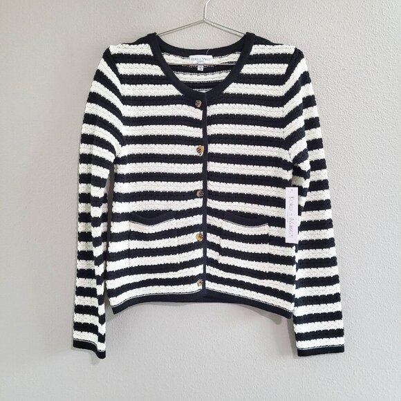 New Classic Button Front Cardigan Sweater Knit in Black & White Stripes Office - Picture 1 of 7